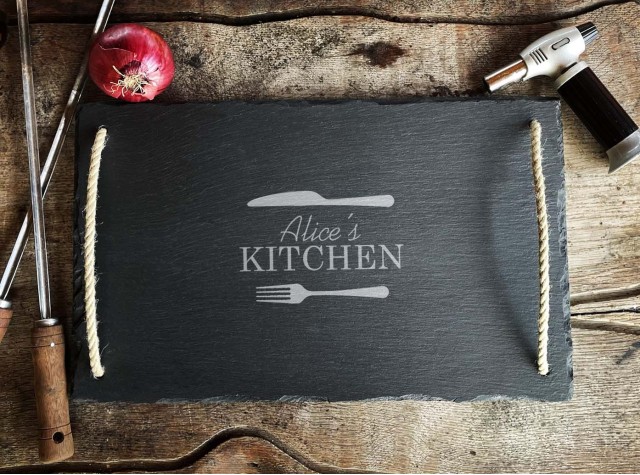 hand cut welsh slate serving tray with our bbq queen design